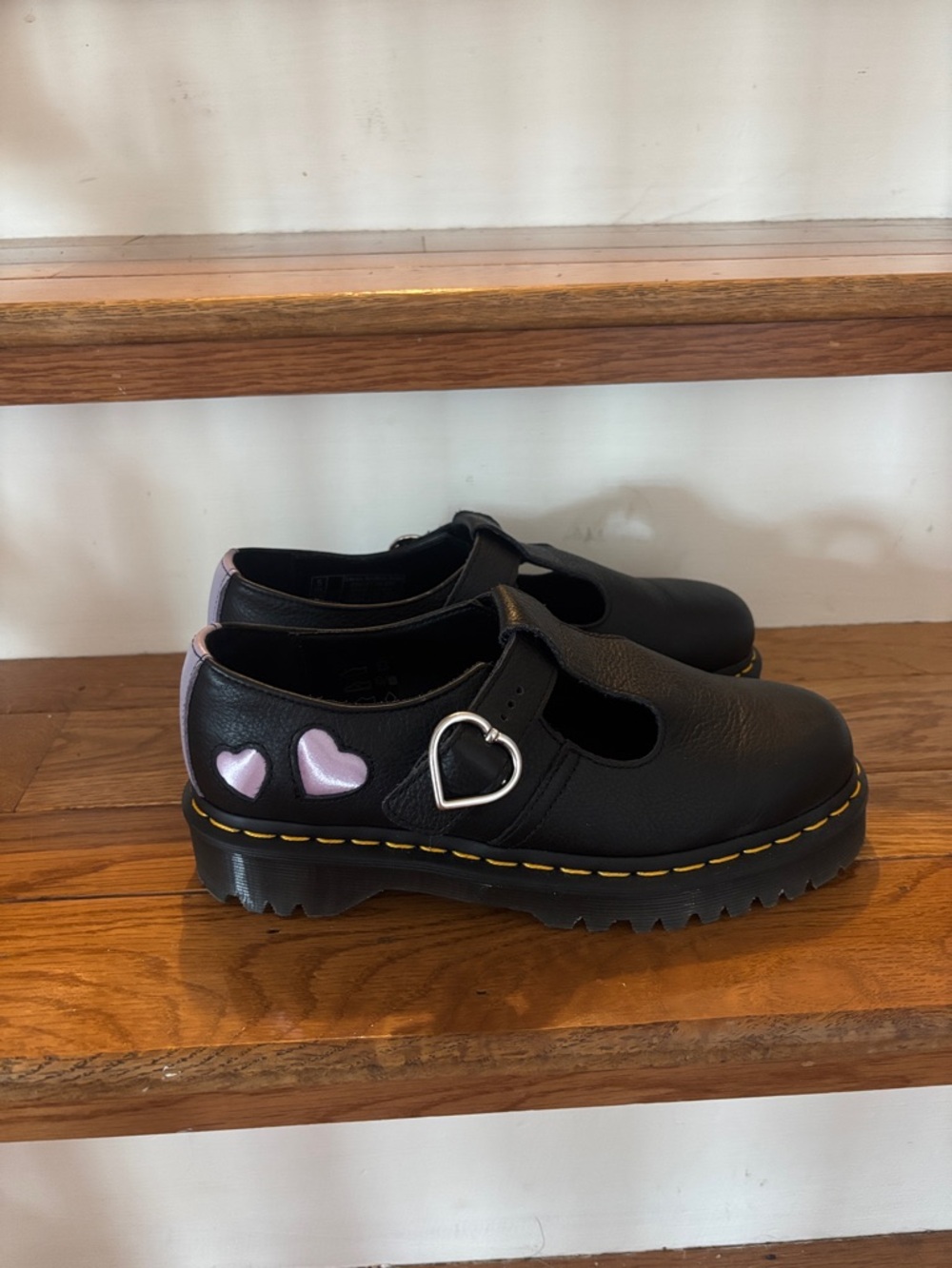 Dr. Martens Black Leather Heart Buckle Mary Janes with Pink Heart Accents